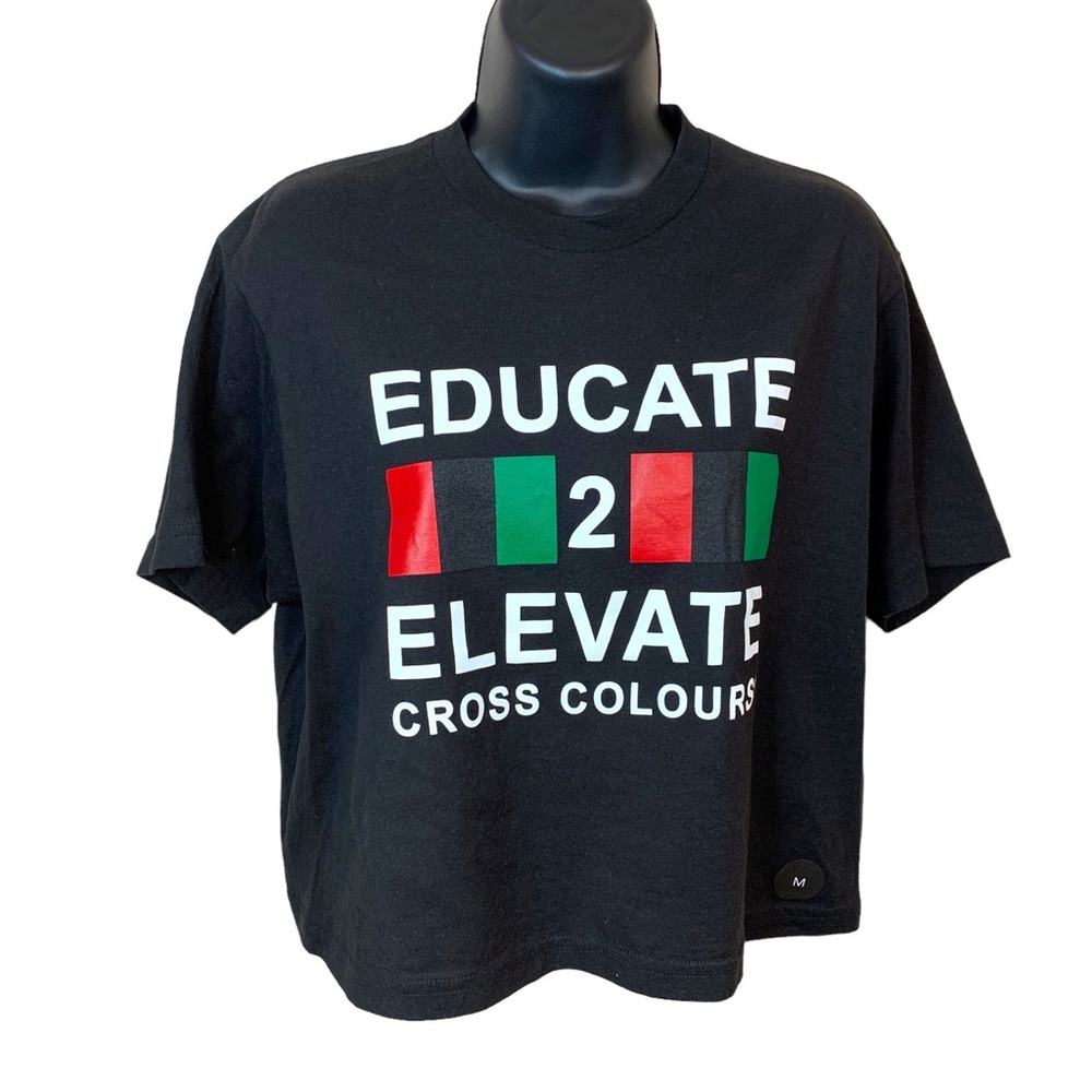 NEW Cross Colours Educate 2 Elevate Black Cropped Graphic Tee T Shirt Medium